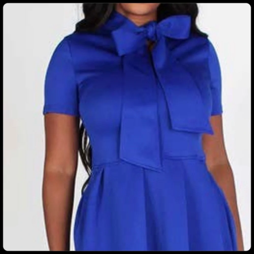 SOLD OUT: Solid Royal Blue Midi Flare Style Dress with Necktie, - Picture 2 of 13